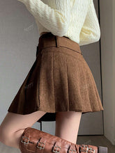 1pc Women Corduroy High Waist Pleated Mini Skirt, With Belt, Autumn/Winter